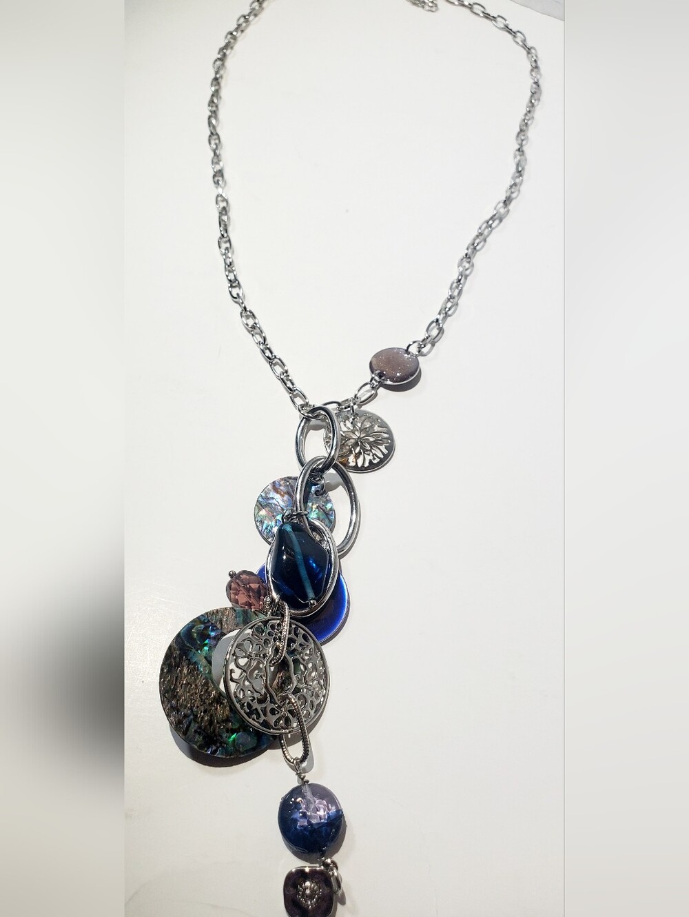 Women’s Silver Necklace with Blue and Abalone Charm Accents